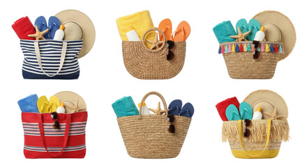 Variety of colorful beach baskets filled with accessories and towels isolated on transparent