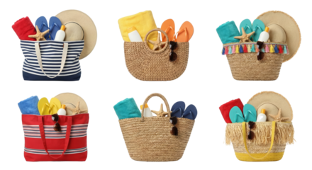 Variety of colorful beach baskets filled with accessories and towels isolated on transparent