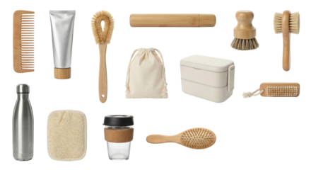 Collection of eco-friendly personal care and grooming items on isolated transparent background