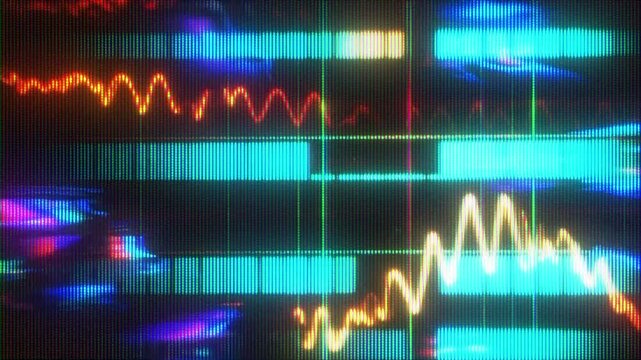 4K Glitch waveform interface animation, digital signal monitoring overlay, data distortion graph display, cyber system visualization graphic element