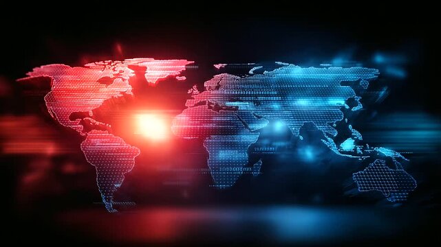 Two glowing digital world maps, one red and one blue, facing each other on dark background with digital code overlay, global communication duality, international data exchange, cyb