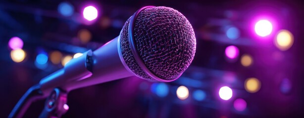 The Microphone on Stage Under Colorful Spotlight for Live Music Performance