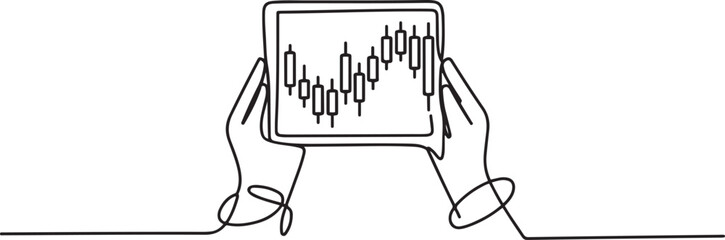 Continuous one line drawing of hands holding tablet showing candlestick stock graph, stock investment concept, single line design. one line Icon drawing
