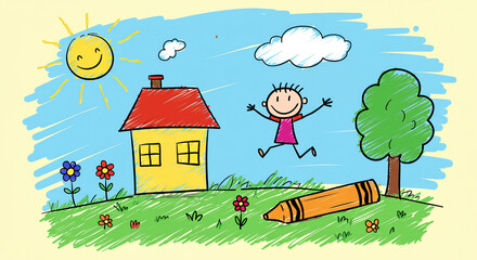 Colorful child drawing of house sun and trees