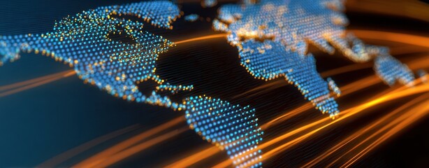 The world map in glowing digital dots with streaming orange light trails