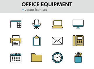 事務用品やオフィス機器のアイコンセット（線幅変更可能・カラー）