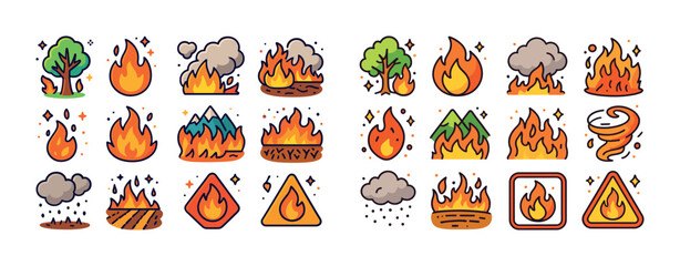 Obraz premium Colorful wildfire and safety icons featuring fire, flames, and n