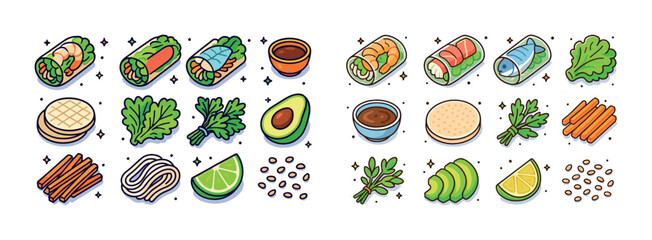 Illustrated sushi roll ingredients: fish, avocado, seaweed, herb