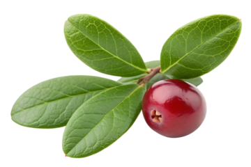 Single Cranberry with Green Leaves on Black Background isolated on a transparent background.