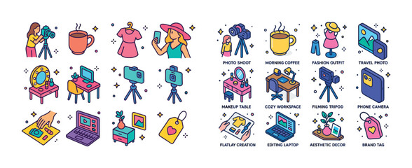 Fototapeta premium Colorful icons of photography, fashion, and coffee concepts