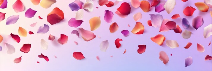 Delicate colorful flower petals scattered across a soft pastel gradient background, creating a romantic and airy spring atmosphere, ideal for weddings, Valentine&rsquo;s Day, and beauty branding.