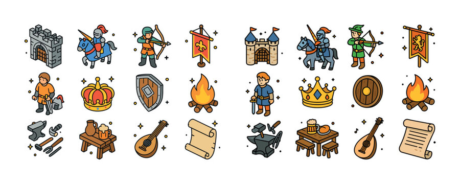 Medieval icons set: knights, castles, symbols, and tools of the