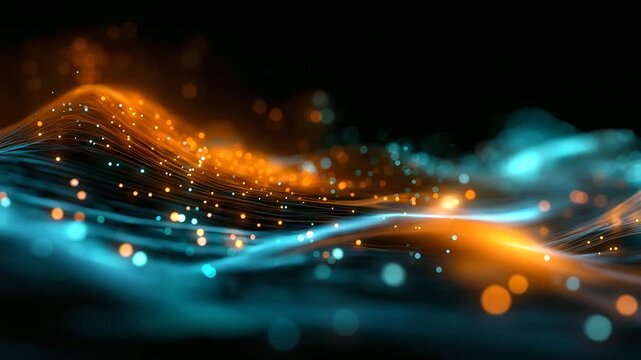 Glowing orange and blue particles flowing in wave patterns creating dynamic abstract background, energy visualization, data stream, tech and design project aesthetic, particle anim