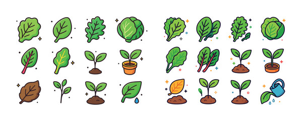 Colorful collection of cartoon plant and leaf icons in various g