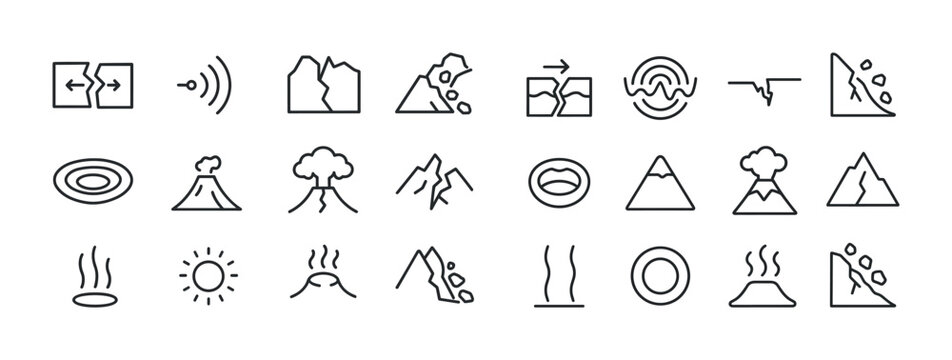 Geology icons set: volcanoes, mountains, earthquakes, thermal fe