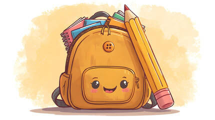 Cute school backpack illustration with stationery