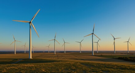 Wind turbines on a farm field at sunset. Renewable energy source for sustainable power generation. Clean electricity production.