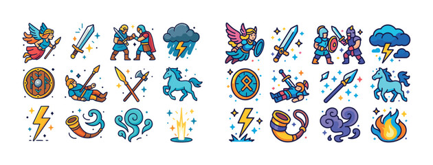 Fototapeta premium Colorful viking icons: warriors, weapons, and mythology symbols