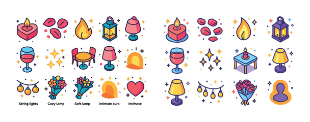 Romantic icon set featuring lamps, lanterns, candles, hearts, fl