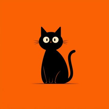 Playful black cat with orange eyes minimalist flat design