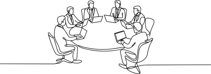 Fototapeta premium Continuous one line drawing of businesspeople discussing work around round table, business meeting, project discussion concept. one line Icon drawing