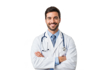 Smiling male doctor wearing white lab coat and stethoscope with arms crossed isolated on transparent background