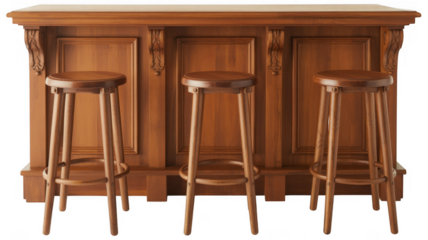 Wooden bar with three stools wooden stools isolated on a transparent background