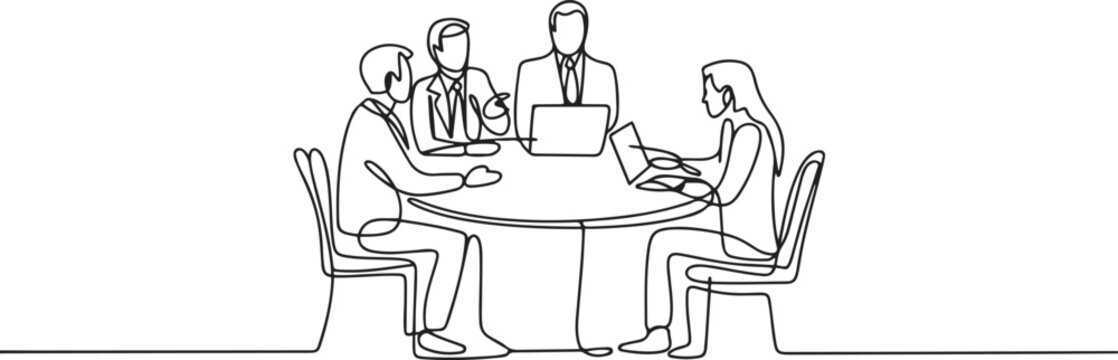 Continuous one line drawing of businesspeople discussing work around round table, business meeting, project discussion concept. one line Icon drawing
