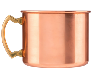 Shiny copper mug with ornate brass handle on black background