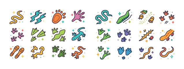 Fototapeta premium Colorful doodle reptiles and amphibians illustration with bright