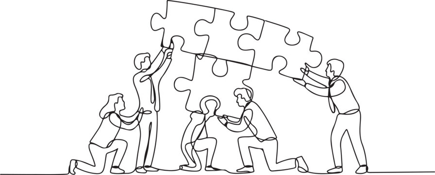 Continuous one line drawing of business people connecting jigsaw puzzle, working together, teamwork to solve problem concept. one line Icon drawing