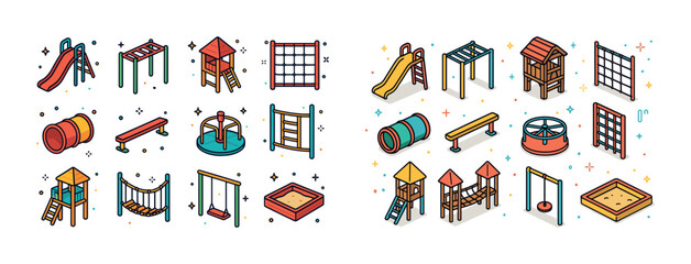 Fototapeta premium Colorful playground equipment icons featuring swings, slides, an