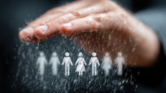 A hand protects sketched figures from falling particles, symbolizing support and safety