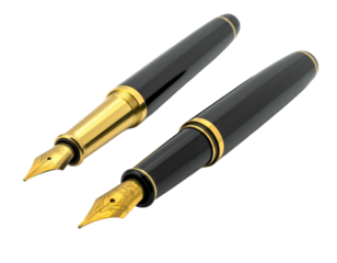 Two elegant writing instruments with gold nibs on black