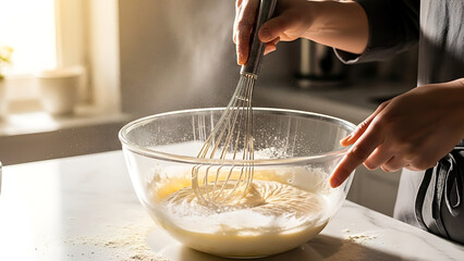 Hands skillfully whisking fresh ingredients in a glass bowl on a bright kitchen counter, preparing a smooth homemade batter, embodying the warmth and satisfaction of home baking