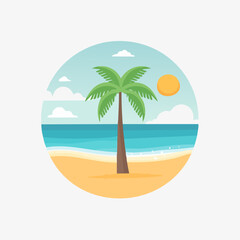 Obraz premium Tropical beach scene with palm tree and ocean view.