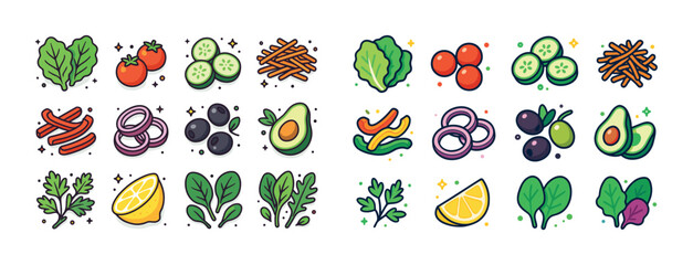 Colorful assortment of vegetables and fruits with herbs on white