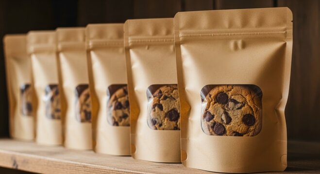 Craft paper bags hold soft cookies. Zipper pouches display bakery snacks. Wooden shelf holds row of packaging. Mockup template for eco-friendly packaging