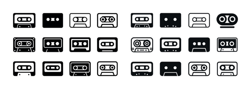 Black and white cassette tape icon set in various styles