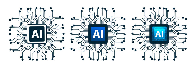 Set of futuristic artificial intelligence chips with connected data flow for technology, machine learning, automation, innovation, and future digital concepts.