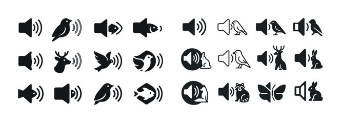 Obraz premium Animal sound icons: birds, deer, fish, and more in black and whi