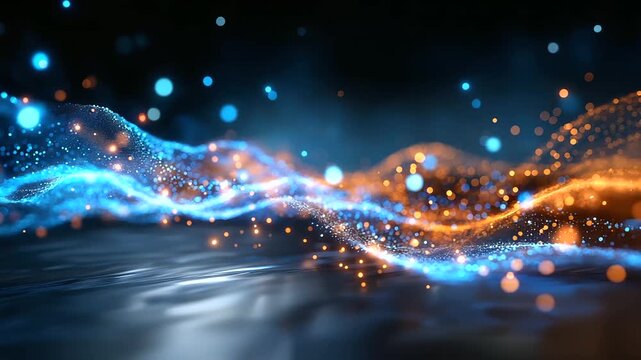 Abstract digital wave composed of glowing particles in vibrant blue and orange gradients, flowing data visualization, dynamic technology background, cyber aesthetic, particle anima