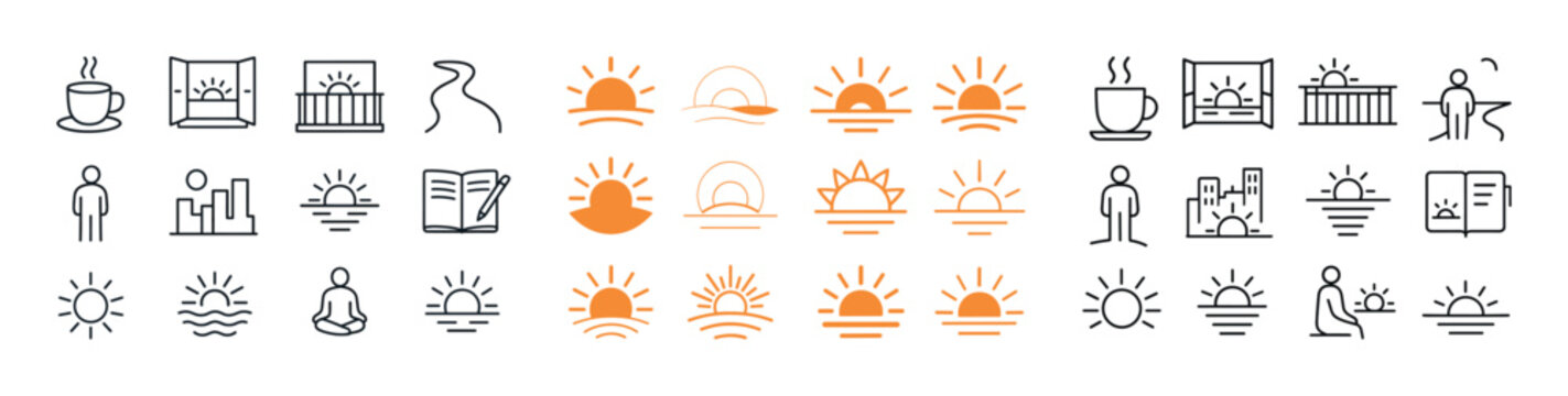 Minimalist sunrise and daily activity icons set in black and ora