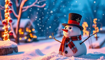 A whimsical winter scene with a quirky, non-traditional holiday element, like a snowman wearing a top hat and scarf, quirky christmas, creative