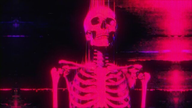 4K Glitch skeleton performance animation, neon cyber distortion overlay, humanoid figure interference, abstract visual effect layer for concert visuals and music video graphics
