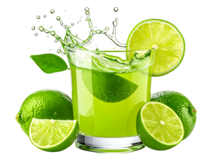 Vibrant green drink with lime slices and splash