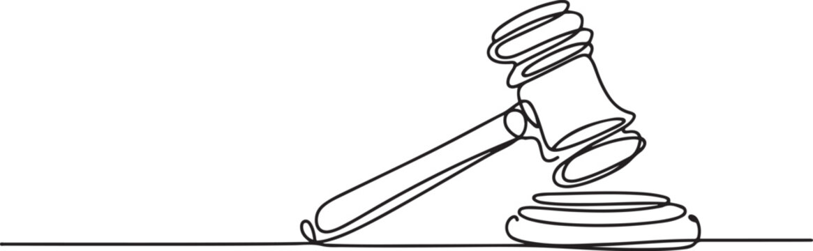 Judge hammer one continuous single line art drawing, One line drawing of judge hammer law symbol continuous hand drawn sketch minimalist design. one line Icon drawing