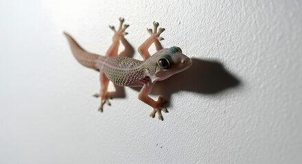 Close-up of a delicate pale gecko clinging to a pristine white wall, showcasing its unique anatomy and shadow