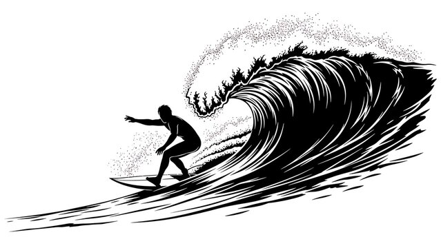 Riding the Wave: A silhouette of a surfer fearlessly rides a powerful ocean wave, embodying the thrill of surfing and the beauty of the sea.