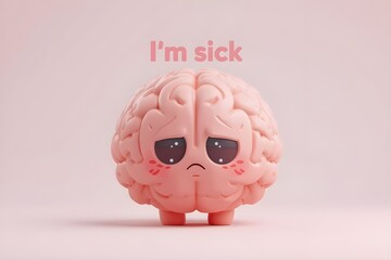 Sad 3D brain character crying with "I'm sick" text, mental health and depression concept